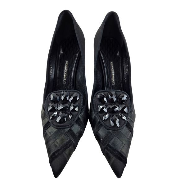Giorgio Armani Shoes - Giorgio‎ Armani Black Satin Velvet Rhinestone Pointed Toe Pumps Heels Italy 36 6